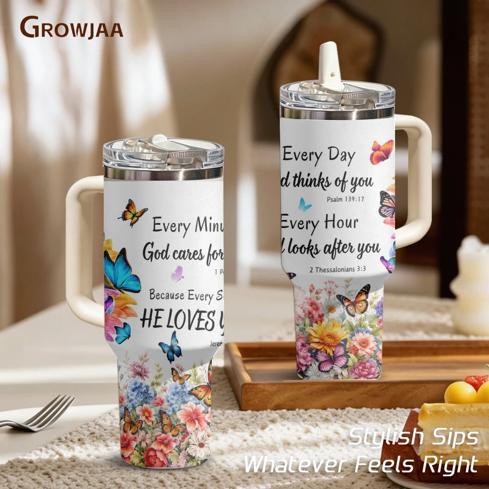 40oz Christian Butterfly Floral Tumbler – Insulated Stainless Steel Cup