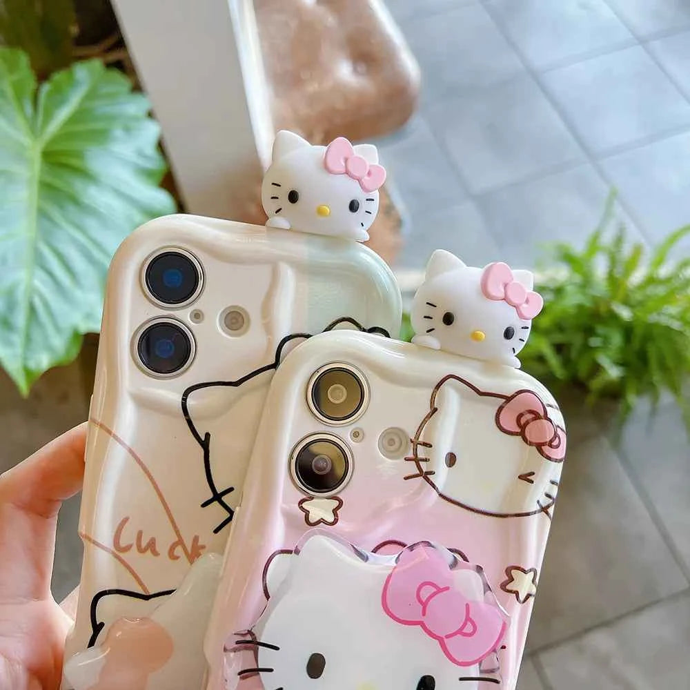For Samsung Galaxy S25 Ultra S26 S24 FE S23 Plus S22 S21 S20 M55 Pink Kitty Head Grip Tok Holder Cartoon Wave Soft Phone Case