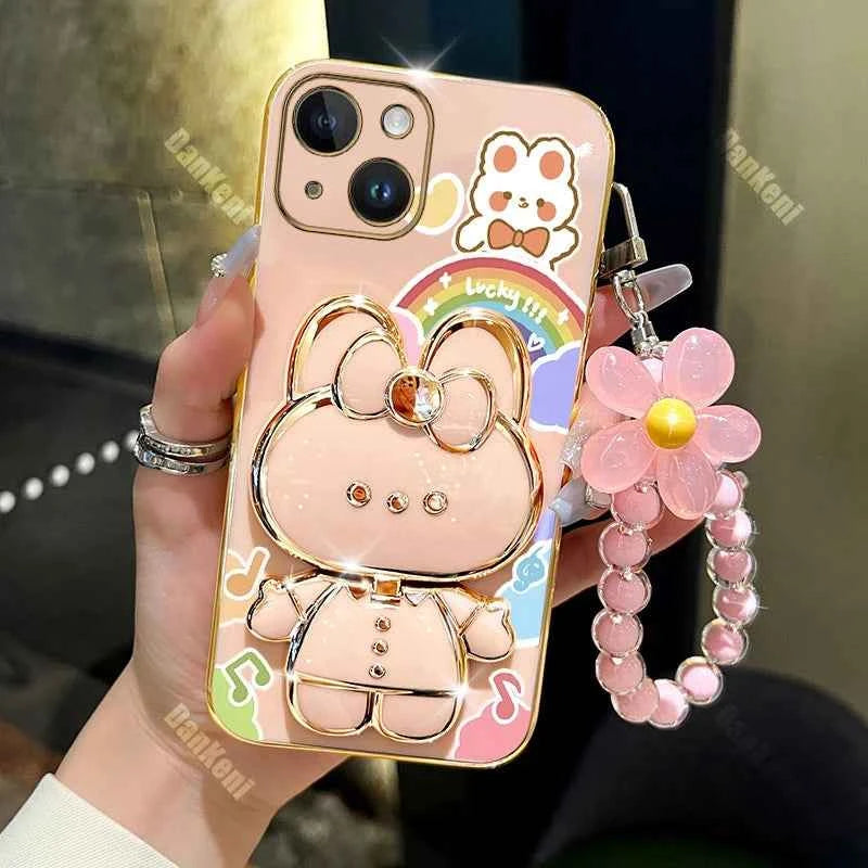 13 14 Lucky Rabbit Holder Bracelet Plating Phone Case For iPhone 13 14 12 15 Pro Max Mini 15 14 Plus XS XSMax XR X Cover
