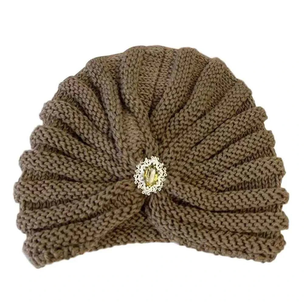 Fashion Winter Warm Hijab Caps Soft Thick Bohemia Turban Diamond Jewelry Wool Knitting Knitted Hats for Women