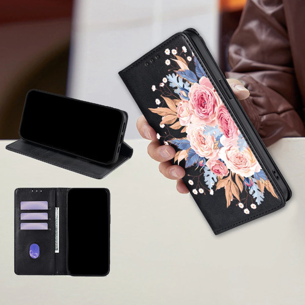 Flower Pattern Magnetic Leather Flip Wallet Case for iPhone 17 Pro Max 16 15 14 13 12 11 Pro Max 16 Plus Air Card Slots Holster