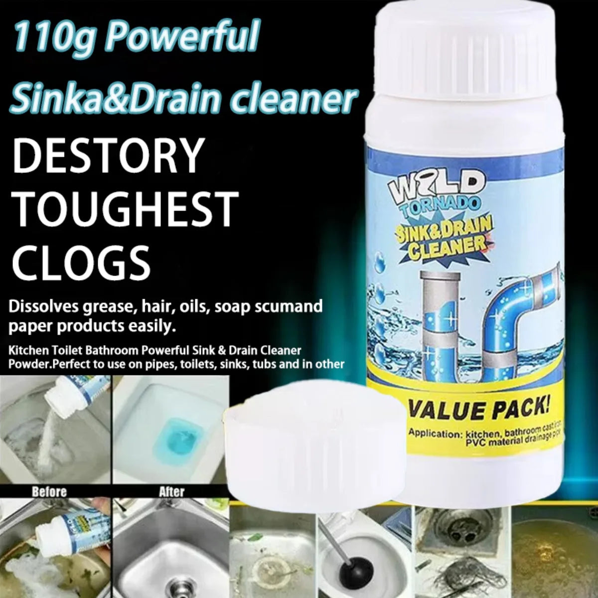 100g Powerful Sink Drain Cleaner High Efficiency  Clog Remover Kitchen Sewer Power Pipe Channel Powder Cleaning Tools