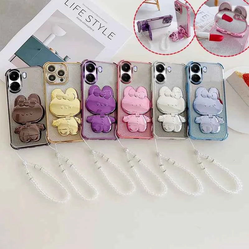 Luxury Shockproof Phone Case with Cute Rabbit Makeup Swivel Stand Crystal Lanyard For Xiaomi Redmi 13C 4G Poco C65 Back Cover