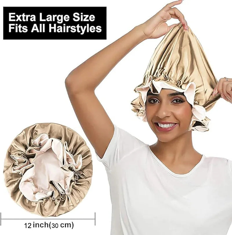 New Solid Elastic Double Layer Satin Bonnet Nightcap Women Night Sleep Hair Protection Hat Reversible Sleeping Hat Hair Care New - NamafadStore