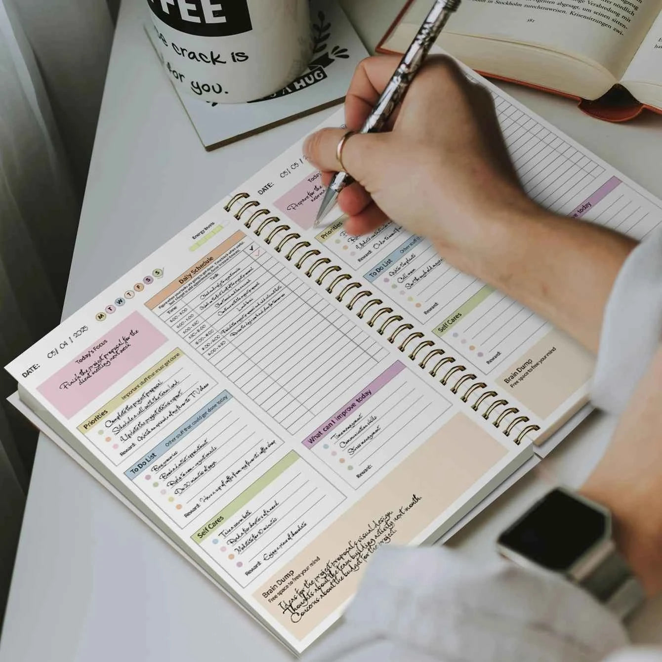 Floral Productivity Planner Spiral Daily Organizer with Focus, Priorities, to Do List, Self Care & Brain Dump