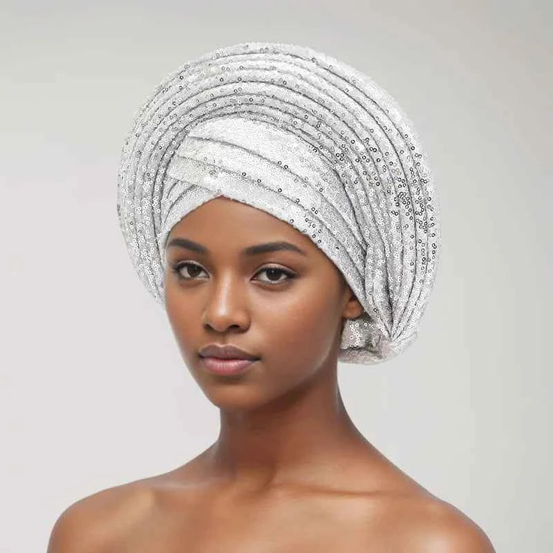 Sequins Auto Gele Headtie African Women's Head Wraps Fashion Turban Cap Nigeria Wedding Geles Already Made Head Ties Headpiece