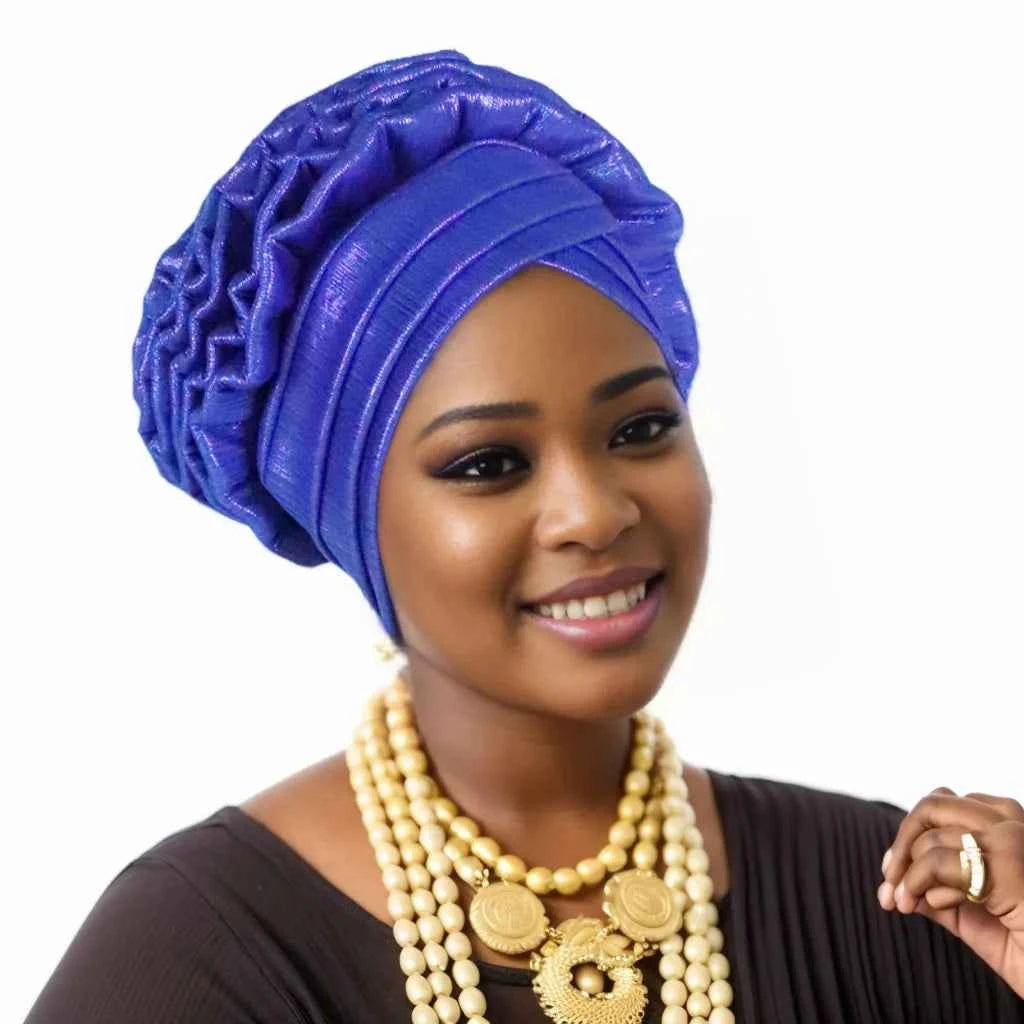 Women’s Glitter Pleated Turban Cap – Auto Gele Headtie African Wedding & Party Head Wrap