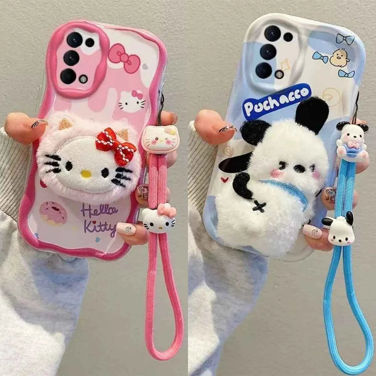 3D Kuromi Kitty Phone Case For Samsung Galaxy A55 A35 A25 A15 A05S A05 A14 A24 A34 A54 A04E A04S Wrist Strap Cartoon Plush Cover