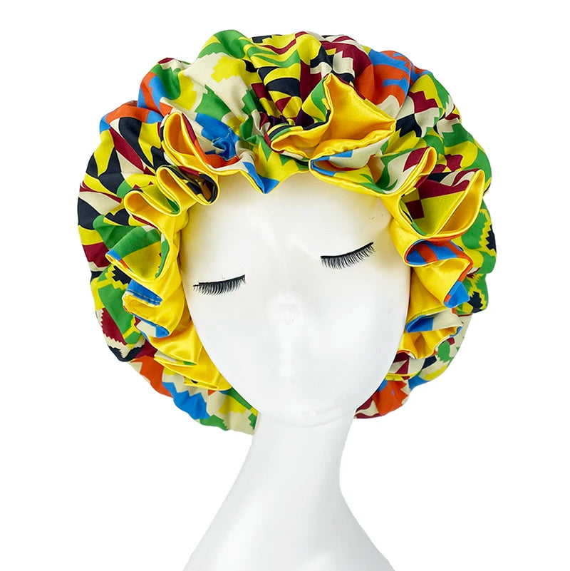 African Pattern Print Bonnet Hijabs Hat Women Night Sleep Cap Double Layer Satin Turban Extra Large Head Wear Lady Head Wrap Hat - NamafadStore