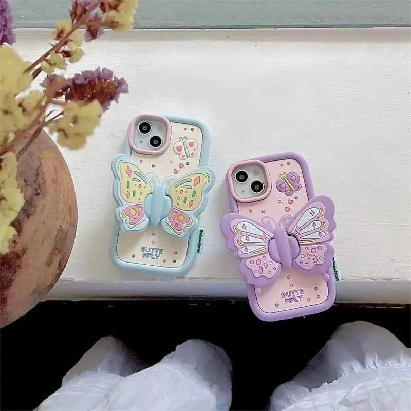 3D Butterfly Folding Stand Phone Holder Case For iPhone 16 15 14 13 12 Pro Max 11 8 7 6 Plus SE X XR Soft Silicone Cartoon Cover