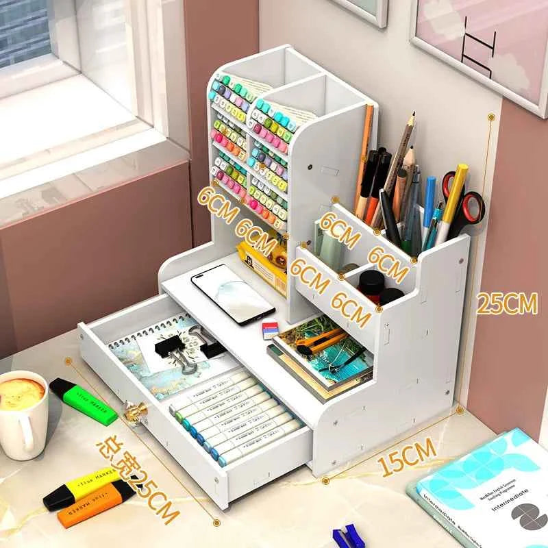 Mark Pen Pencil Holder Wooden Desk Organizers Shelves Accessories Desktop Stationery Organizer Bookshelf Home Office Storage Box