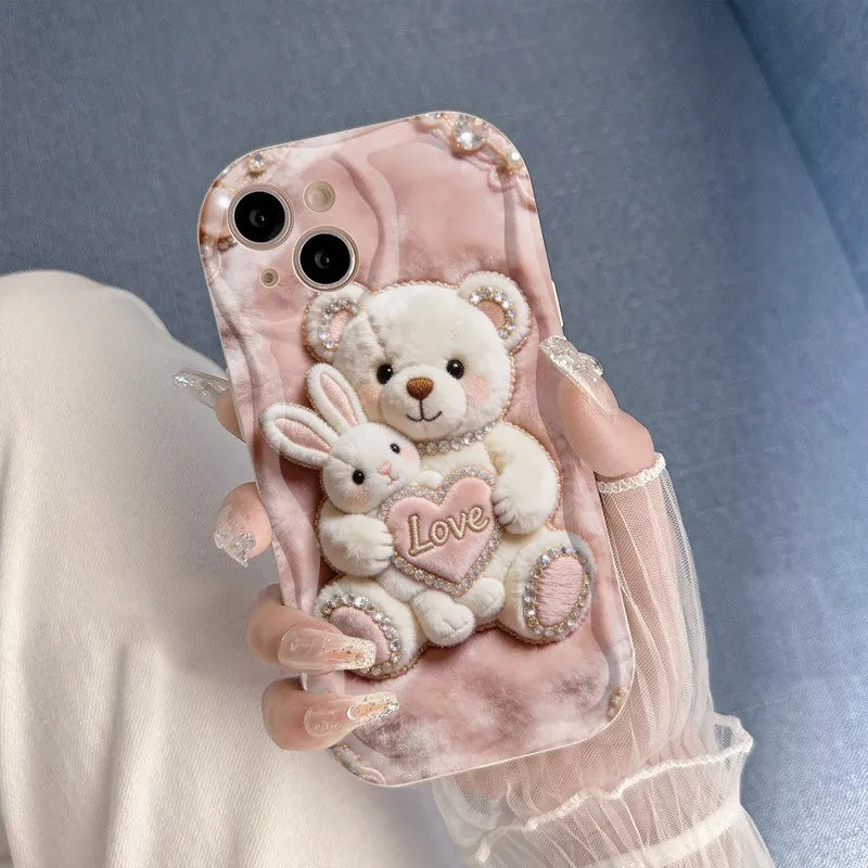 Cartoon Pink Plush Bear Printed Phone Case For Samsung Galaxy A16 A26 A36 A56 A55 A54 S26 Ultra S25 S24 S23 FE S22 S21Plus Cover