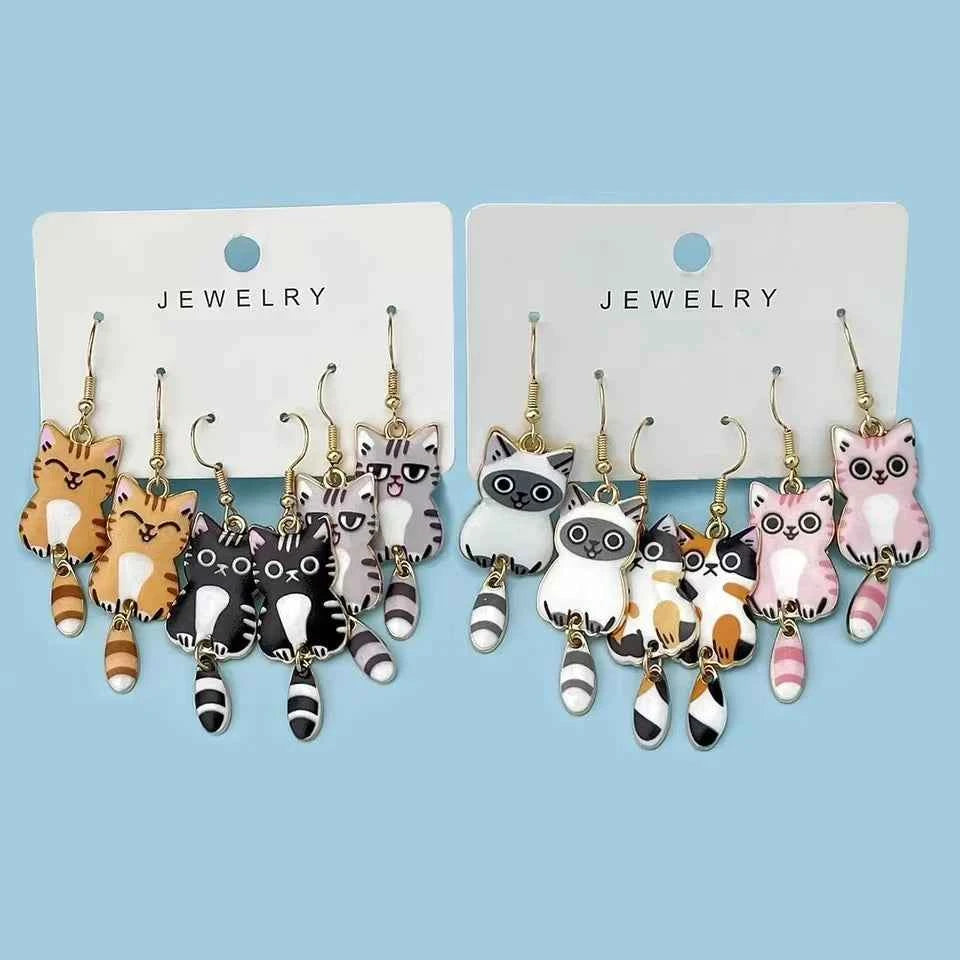 3 Pairs New Fun and Cute Enamel Alloy Hanging Tail Cat Dangle Earrings Colored Cat Ear Jewelry Set Lovely Gift For Women Girls