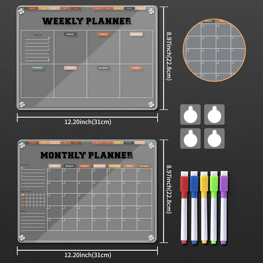 3D Magnetic Acrylic Weekly Planner – Reusable Fridge Calendar with 5 Markers