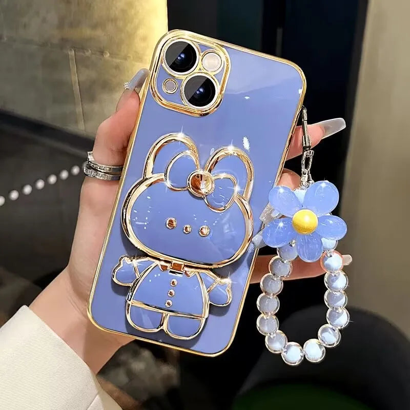 Bead bracelet Rabbit Mirror Rabbit Flower Strap Case For iPhone 16 Pro Max 15 Plus 14 13 12 11 SE 2022 Electroplated Kickstand
