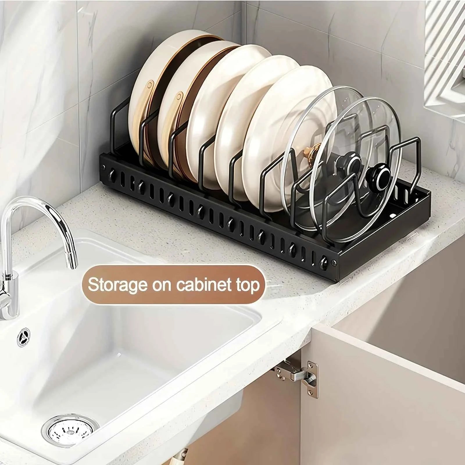 Adjustable Cookware Storage Rack, Kitchen Pull-out Shelf, Sliding Countertop and Dish Rack Inside Cabinets