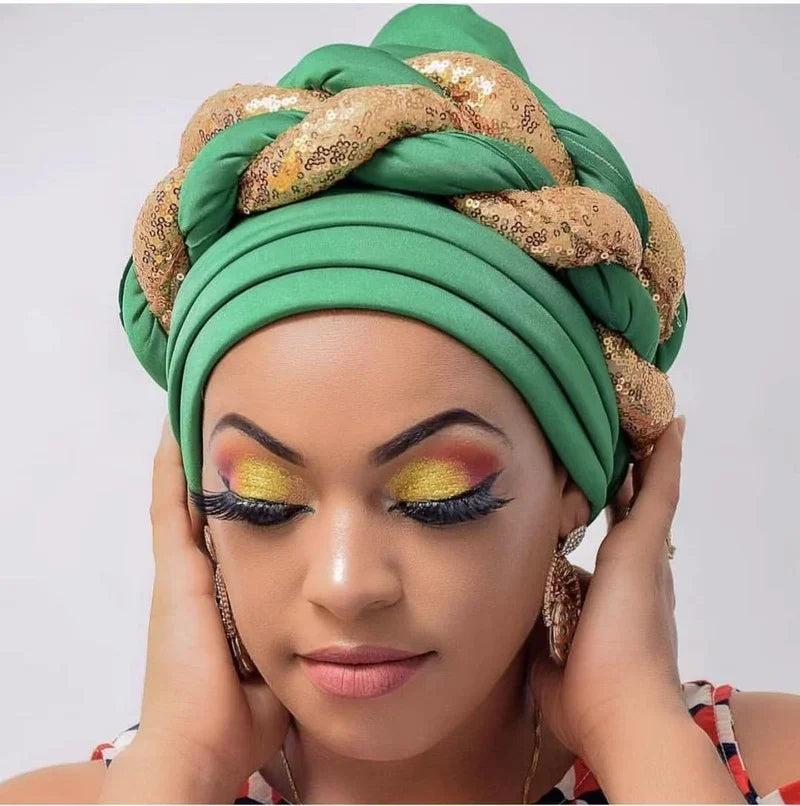 Women Braid Turbans Latest African Headtie Ladies Sequin Head Wraps African Aso Oke Winter Headtie Negerian Wedding Gele Caps - NamafadStore