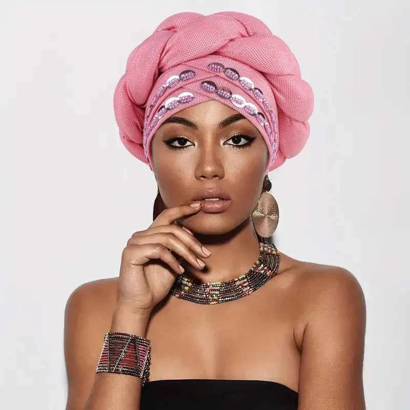 2025 Latest African Auto Gele Headtie Already Made Headties Shinning Turban Cap for Women Ready Nigerian Hijab Braid Head Wraps