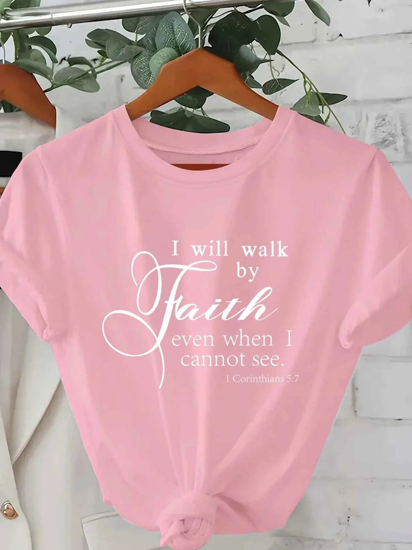 Walk By Faith Women's Tee - Bible Verse Graphic Pink Casual Top