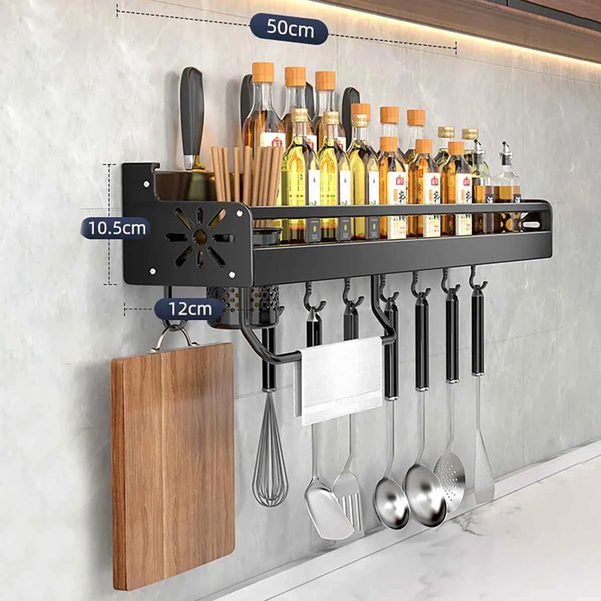 Metal Kitchen Shelf No-Punch Large Capacity Storage Kitchen Utensils Skeletonized Drainage Design Easy to Clean Black