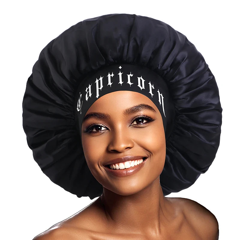 New 12 Constellations Printed Satin Sleep Bonnet Cap Wide Elastic Band Shower Cap Hair Wrap Cover for Long Hair Salon Tool - NamafadStore