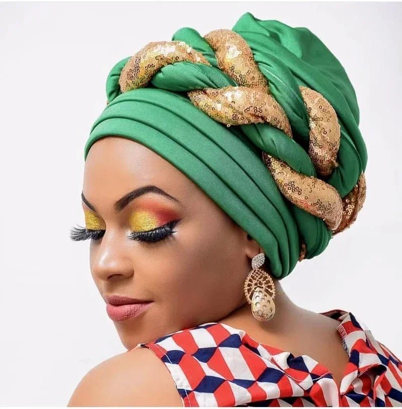 Women Braid Turbans Latest African Headtie Ladies Sequin Head Wraps African Aso Oke Winter Headtie Negerian Wedding Gele Caps