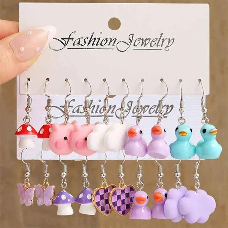 Colorful Butterfly Heart Cartoon Dangle Earrings Set For Women Girl Kids Cute Duck Clouds Resin Drop Earring Jewelry Accessories