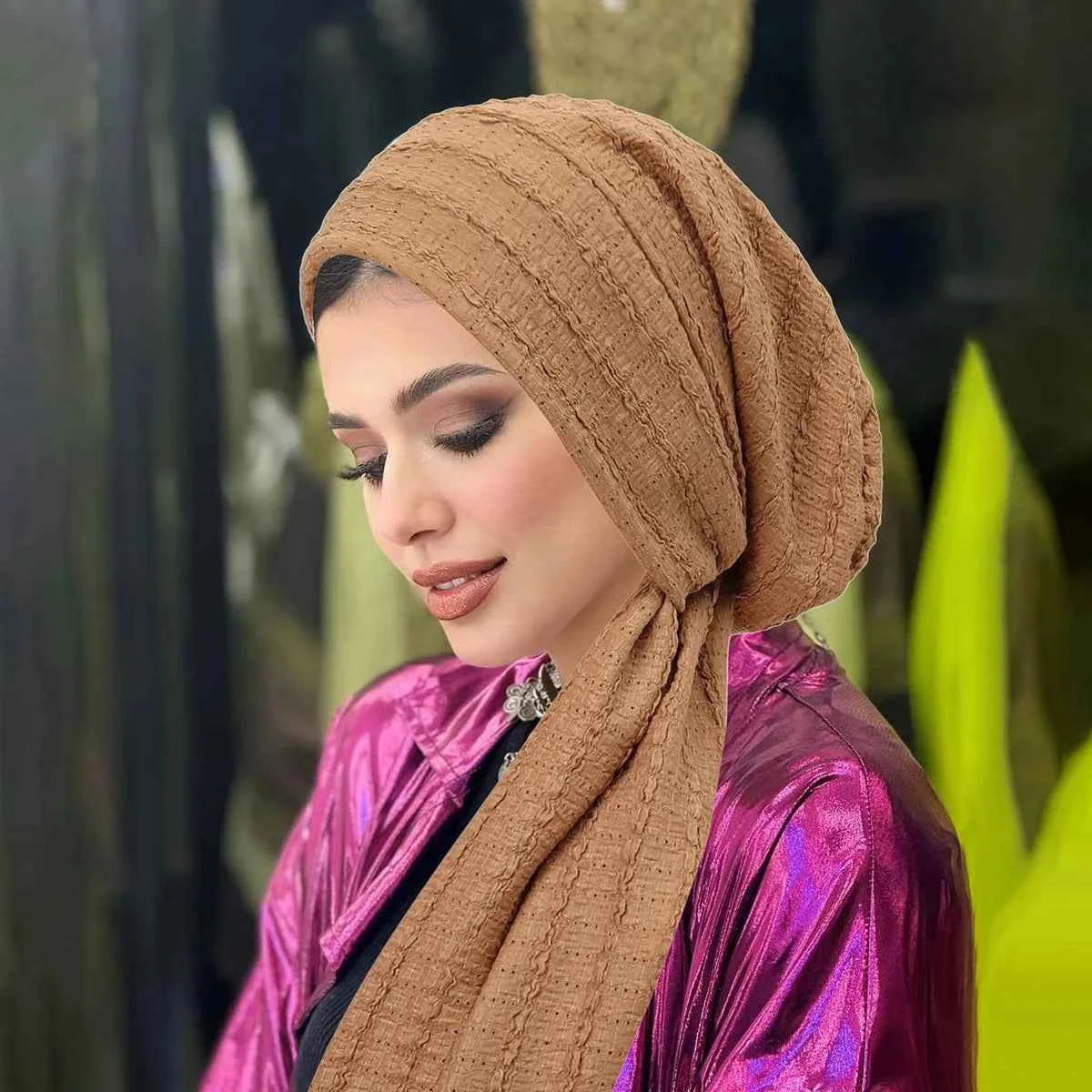Ramadan Solid Color Crinkle Turban Hijab Hats Long Tail Head Wraps Soft Strech Muslim Hats Breathable Chemo Cap For Women Girls