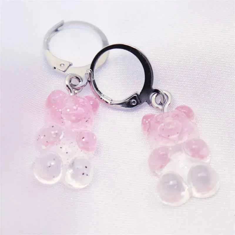 2022 Pink Bear Gummy Cartoon Dangle Earrings For Women Colorful Sequins Gradient Bear Hoop Earring Cute Girl Lucky Jewelry Gift