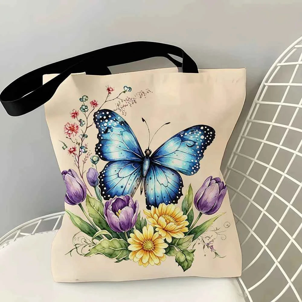 1pc Watercolor Blue Butterfly Floral Canvas Tote Bag – Vibrant Botanical Print with Tulips, Daisies & Wild Sprigs, Eco-Friendly