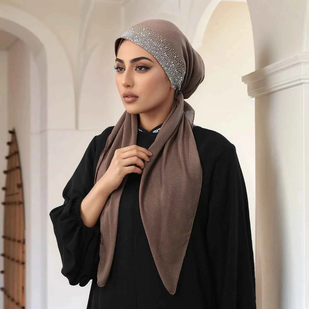 Fashion Diamond Cotton Elastic Headband Cap For Woman Muslim Hijab Hat Lady Fashion Instant Scarf Islamic Turban