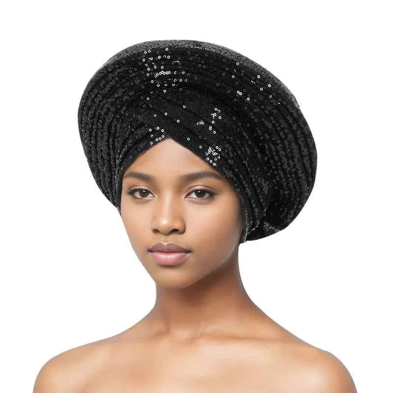 Sequins Auto Gele Headtie African Women's Head Wraps Fashion Turban Cap Nigeria Wedding Geles Already Made Head Ties Headpiece