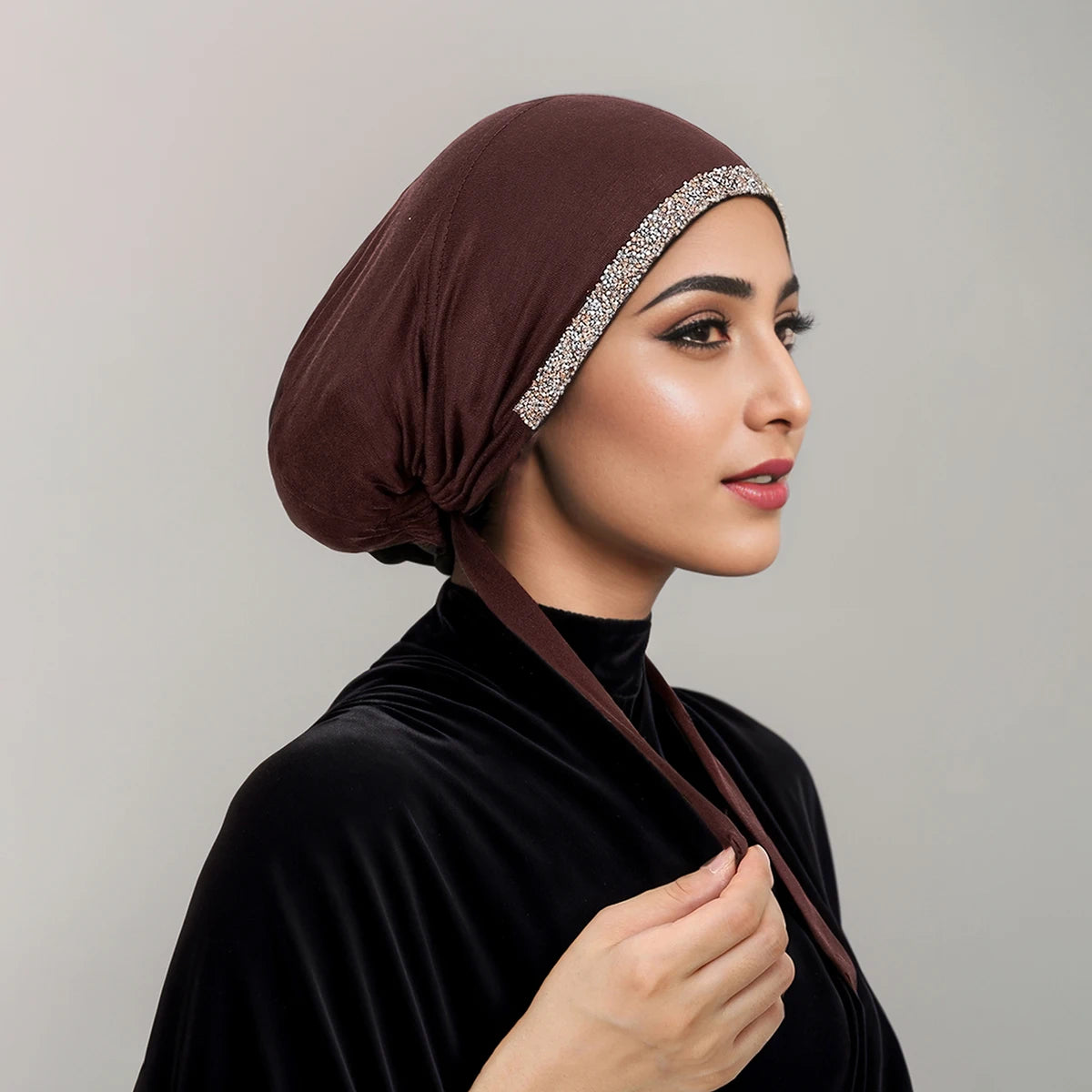 New Modal Rhinestone Band Muslim Turban Hat Inner Hijab Caps Islamic Underscarf Bonnet India Hats Female Headwrap Turbante Mujer - NamafadStore