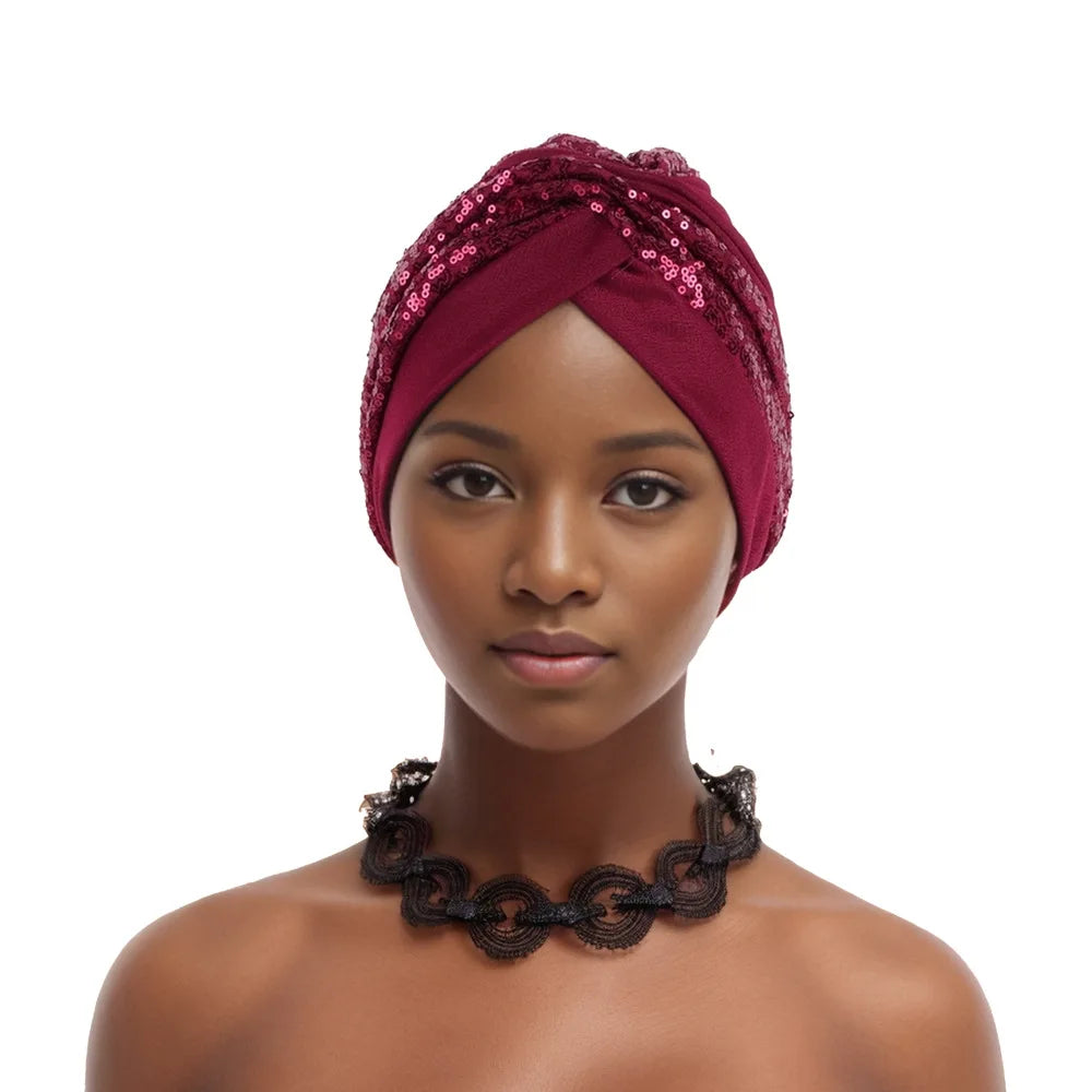 Shining Sequins African Turban Cap Female Head Wraps Muslim Headscarf Bonnet Hijab Hat Nigeria Wedding Party Headpiece - NamafadStore