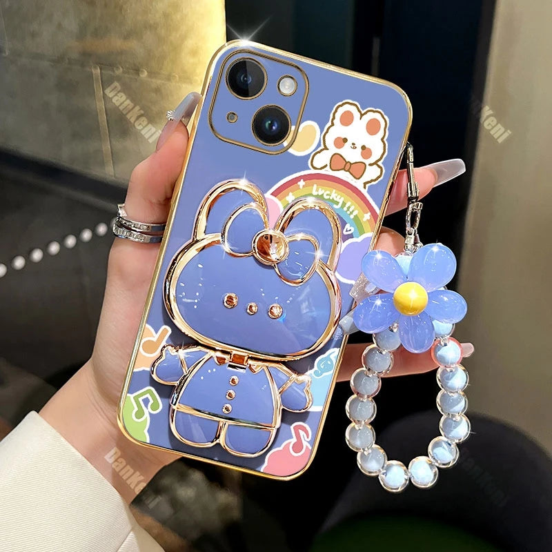 13 14 Lucky Rabbit Holder Bracelet Plating Phone Case For iPhone 13 14 12 15 Pro Max Mini 15 14 Plus XS XSMax XR X Cover