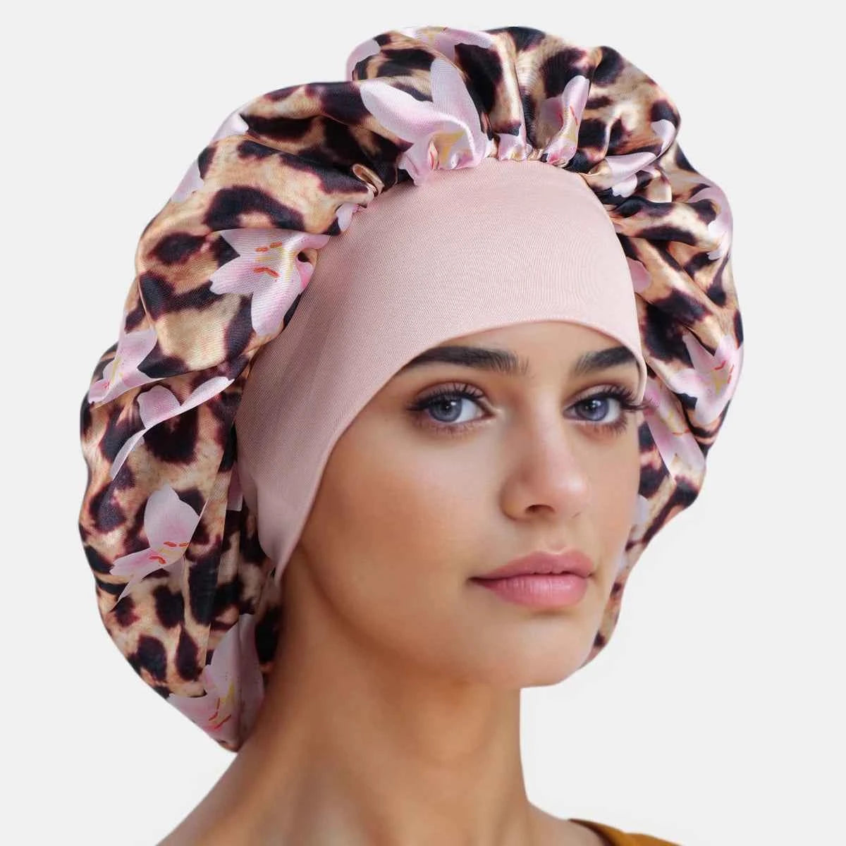 1PC Women's Leopard Print Satin Sleep Bonnet - Adjustable Night Cap for Hair Protection While Sleeping