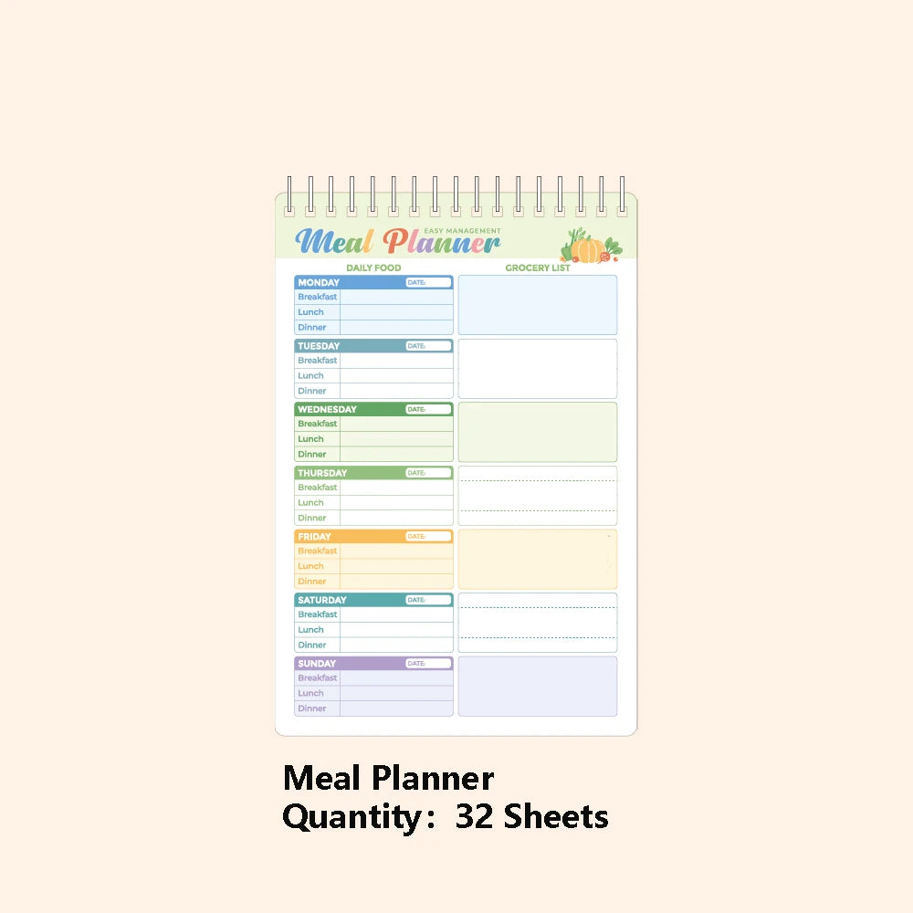 32sheets Cute Daily Planner Meal Planner Schedules Transparent PVC Hardcover Top Priorities Notepad Organizer Meal Plan Notebook