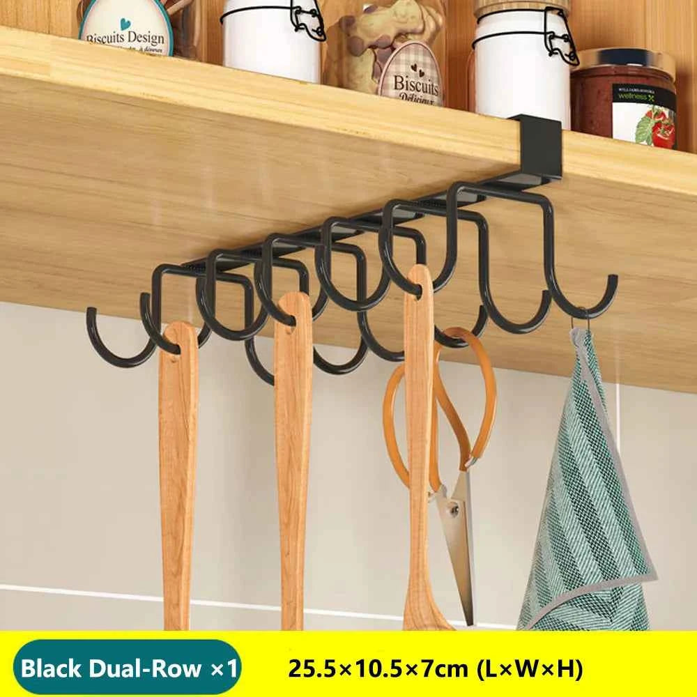 Under Cabinet Kitchen Organizer Rack with Hooks Multi-Purpose Storage Shelf for Paper Towel Cutting Board & Pot Lids