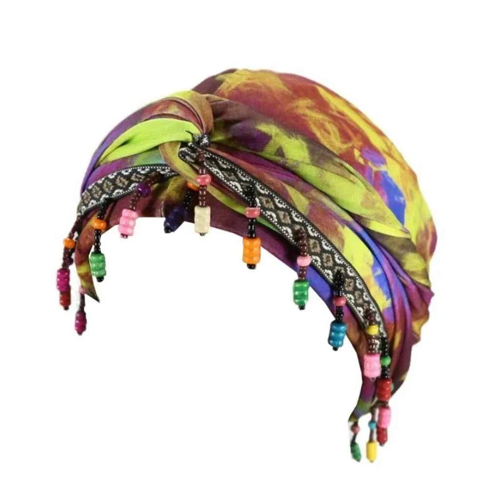 Bonnet Hat Elastic Colorful Beaded Headscarf Breathable Hijab Pre-tie Head Wraps Dome Indian Style Jacquard Pullover Cap Gifts