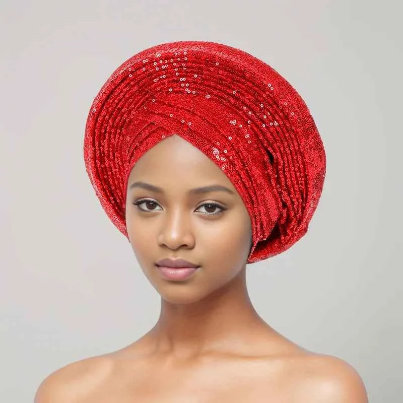 Sequins Auto Gele Headtie African Women's Head Wraps Fashion Turban Cap Nigeria Wedding Geles Already Made Head Ties Headpiece