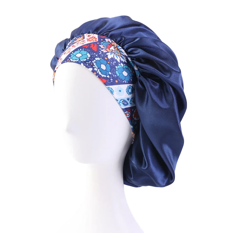 New Big Size Floral Print Bonnet Satin Wide Elastic Band Beanie Night Sleep Caps Head Cover African Headwrap Turban Chemo Caps - NamafadStore