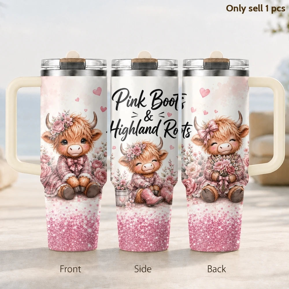 40oz Highland Cow Tumbler – Happy Life Insulated Stainless Steel Travel Mug