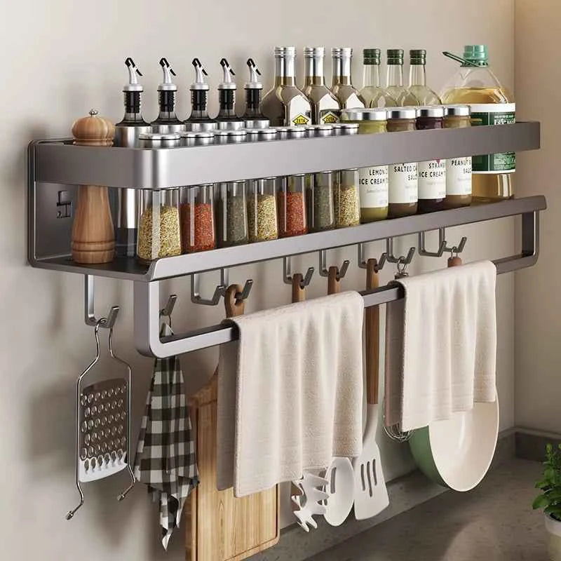 Aluminum Wall-Mounted Shelf Multifunctional Kitchen Spice Storage Rack Kitchen No Punching Required Kitchen Accessories