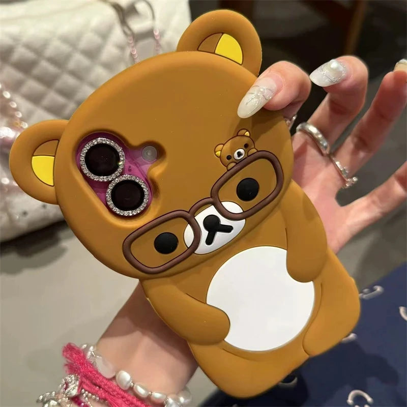 For iPhone 16 15 14 Plus 13 12 Pro Max 11 X Xs Max 7 8 SE 6s 5s Phone Case 3D Cartoon Glasses Rilakkuma Bear Soft Silicone Cover