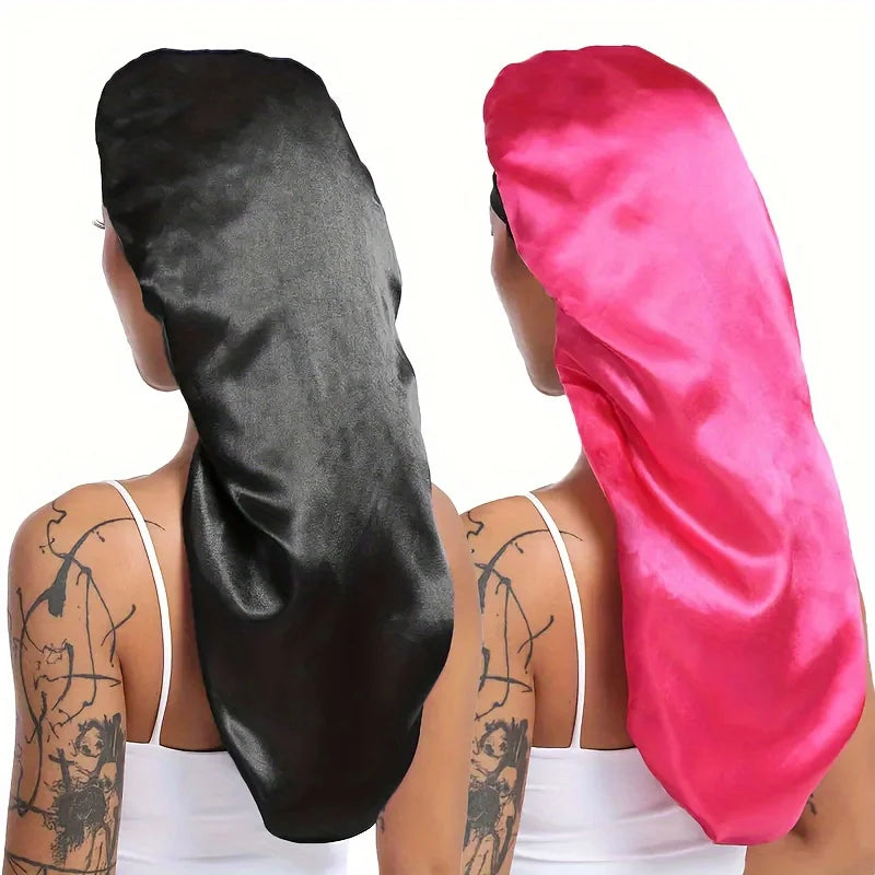 2pc Long Silky Sleep Bonnet For Straight Curly Hair, Extra Large Hair Bonnets For Dreadlock And Braids, Satin Sleeping Caps - NamafadStore