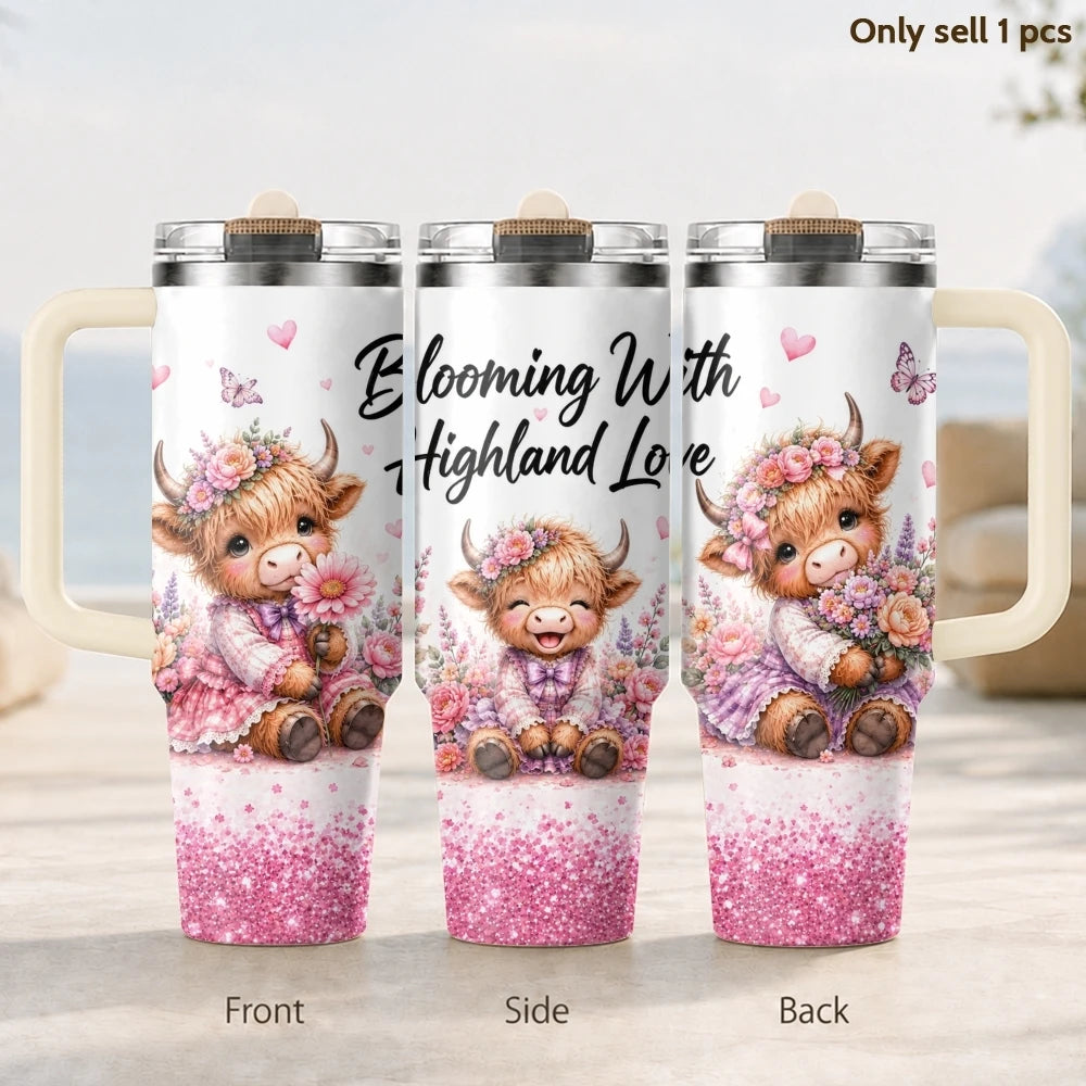 40oz Highland Cow Tumbler – Happy Life Insulated Stainless Steel Travel Mug