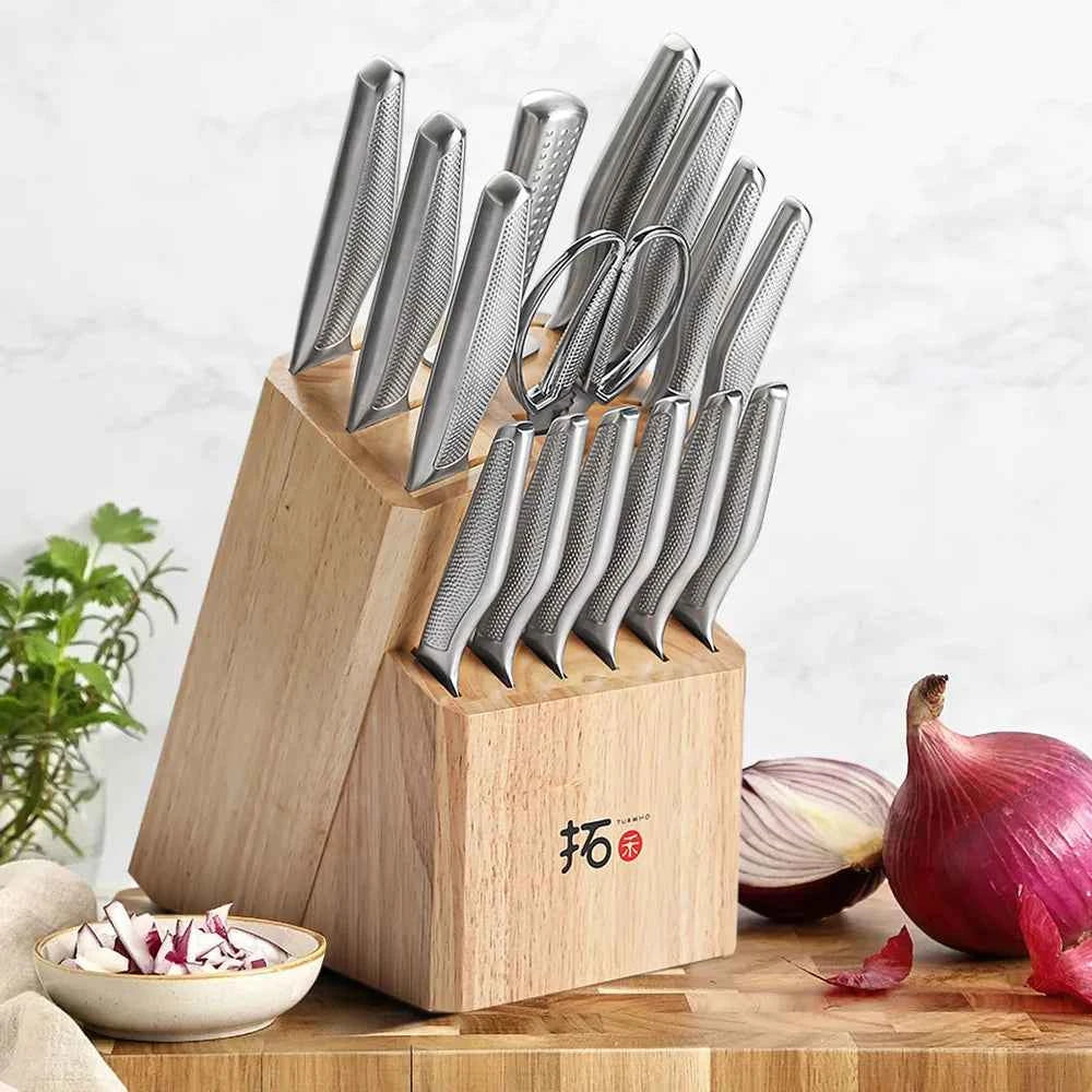 TURWHO Knife Stand Acacia Solid Wood For 15PCS Kitchen Knives Set Scissors Sharpening Rod Holder Knife Block Shelf Storage Tools