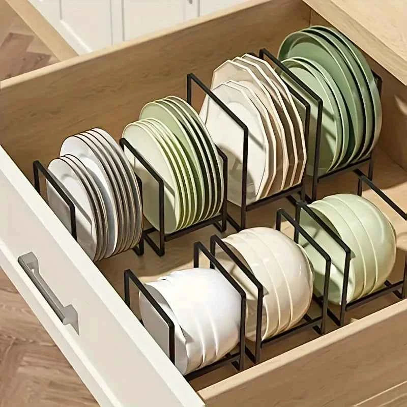 1pc Sleek Metal Dish Rack Set, Space-Saving Tiered Shelf Organizer, Plate & Utensil Holder, Pull-Out Design, Kitchen Storage