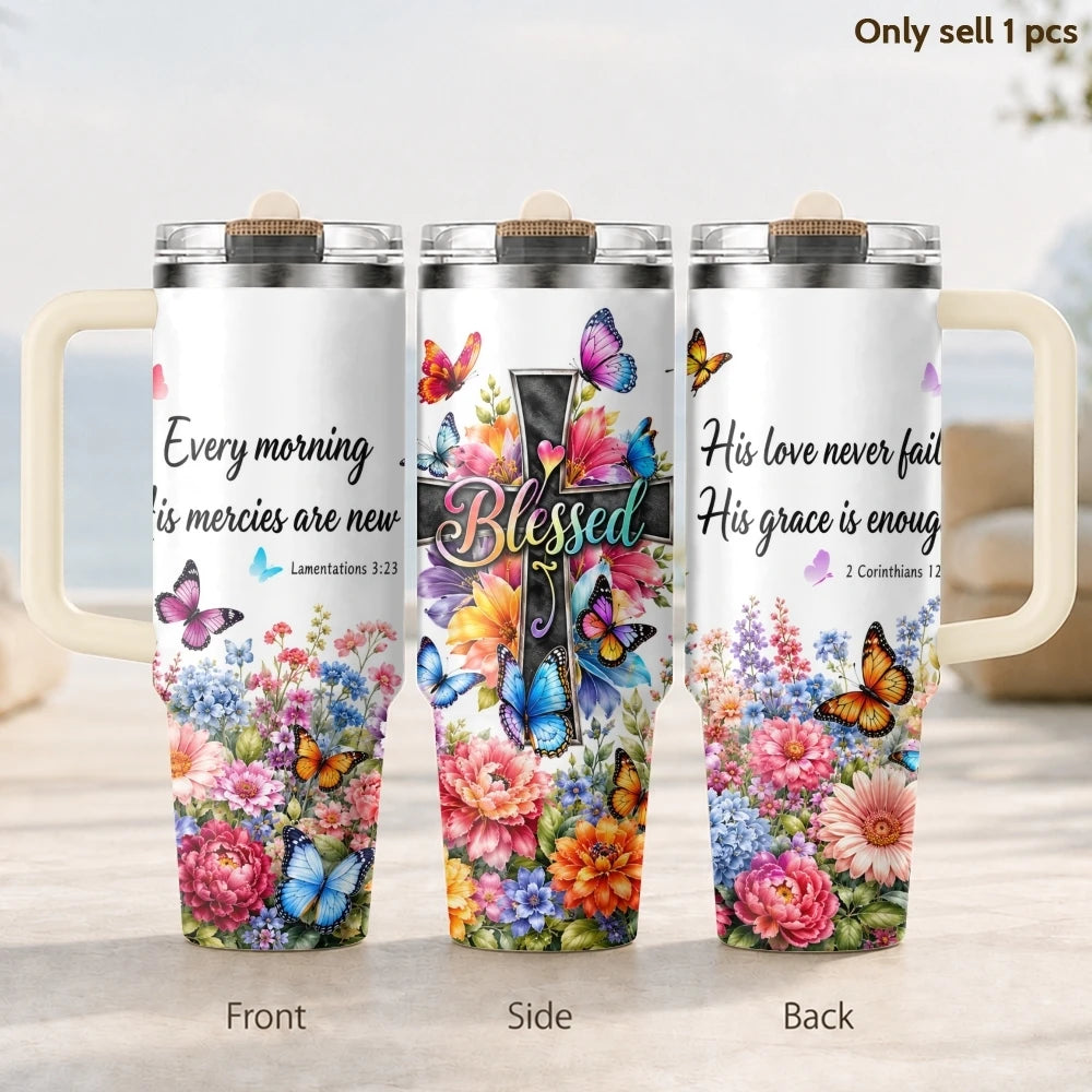 40oz Christian Butterfly Floral Tumbler – Insulated Stainless Steel Cup
