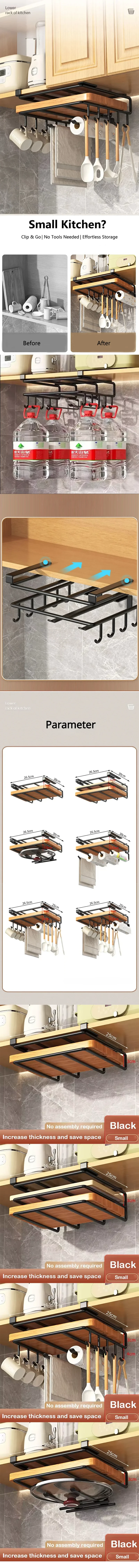 Under Cabinet Kitchen Organizer Rack with Hooks Multi-Purpose Storage Shelf for Paper Towel Cutting Board & Pot Lids